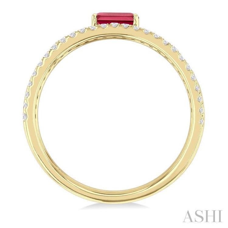 5x3 MM East-West Set Ruby and 1/4 Ctw Round Cut Diamond Precious Layered Fashion Ring in 10K Yellow Gold