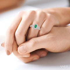 6x4 MM Oval Shape Emerald and 1/3 Ctw Round Cut Diamond Precious Ring in 14K White Gold
