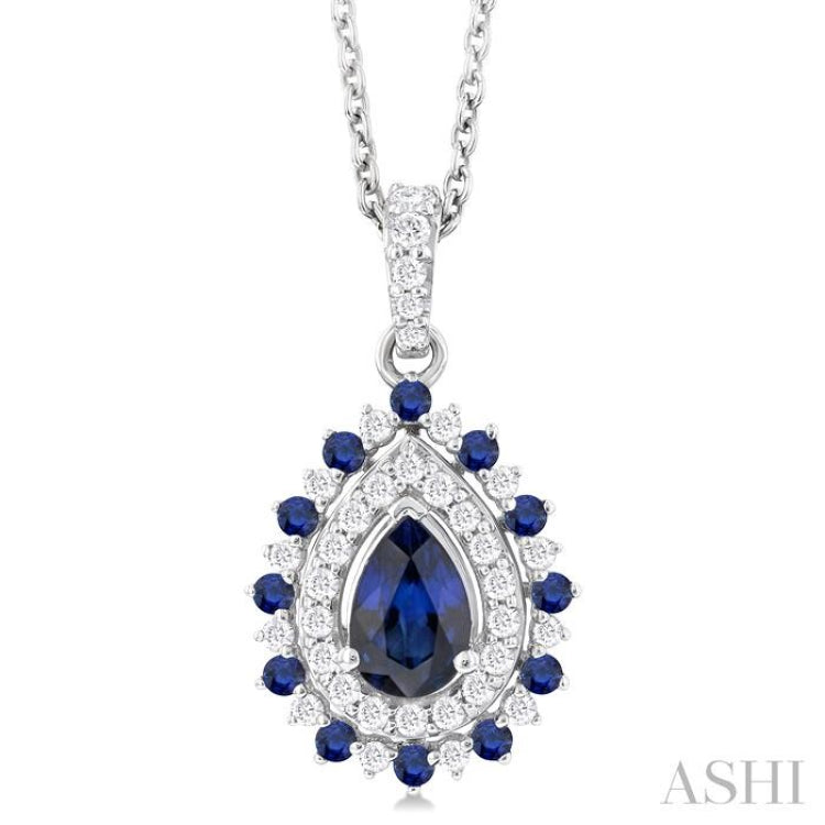 6X4 MM Pear Cut & 1.55 MM Round Cut Sapphire and 1/4 Ctw Round Cut Diamond Floral Precious Pendant With Chain in 14K White Gold