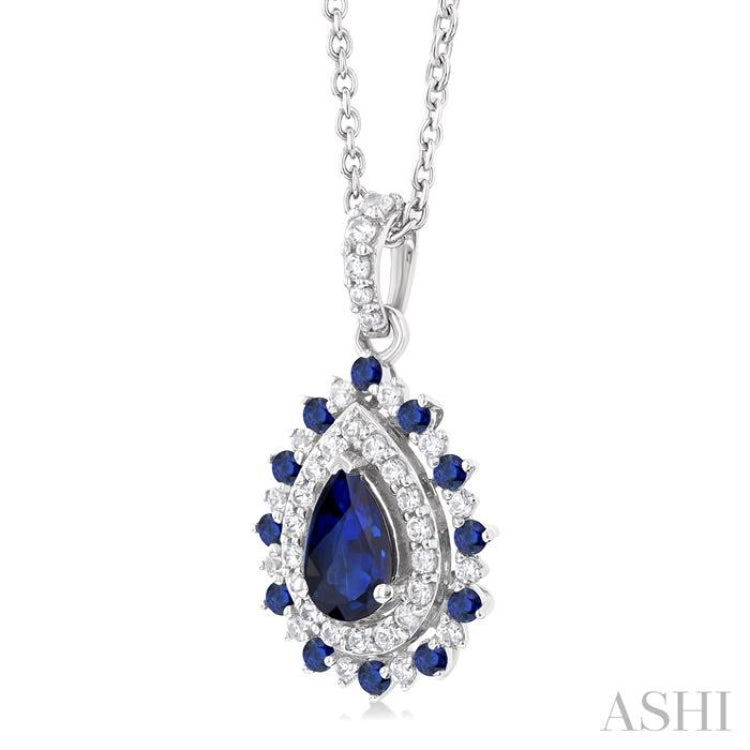 6X4 MM Pear Cut & 1.55 MM Round Cut Sapphire and 1/4 Ctw Round Cut Diamond Floral Precious Pendant With Chain in 14K White Gold
