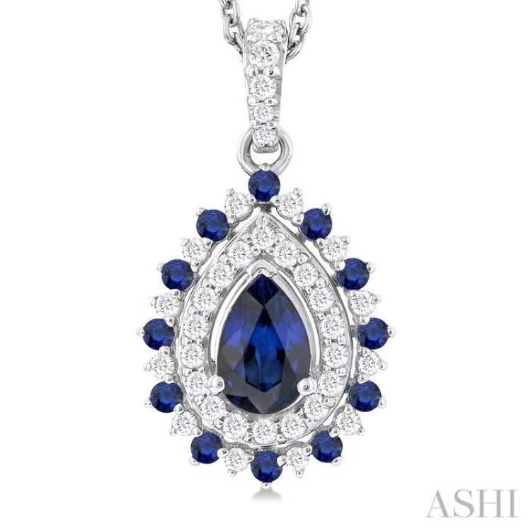 6X4 MM Pear Cut & 1.55 MM Round Cut Sapphire and 1/4 Ctw Round Cut Diamond Floral Precious Pendant With Chain in 14K White Gold