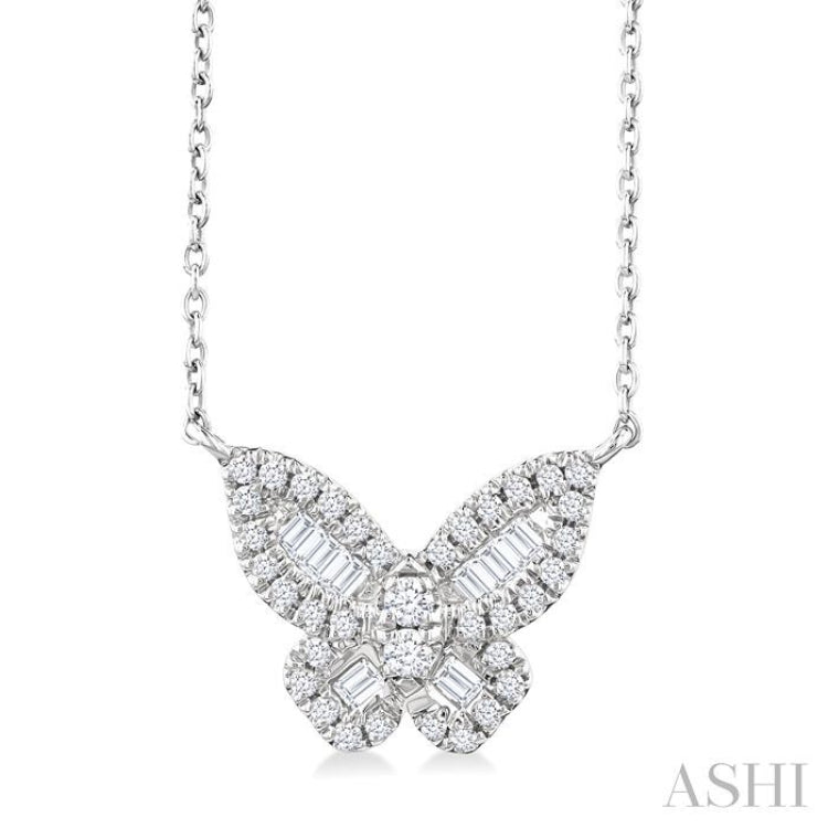 1/3 Ctw Petite Butterfly Baguette and Round Cut Diamond Fashion Pendant With Chain in 10K White Gold