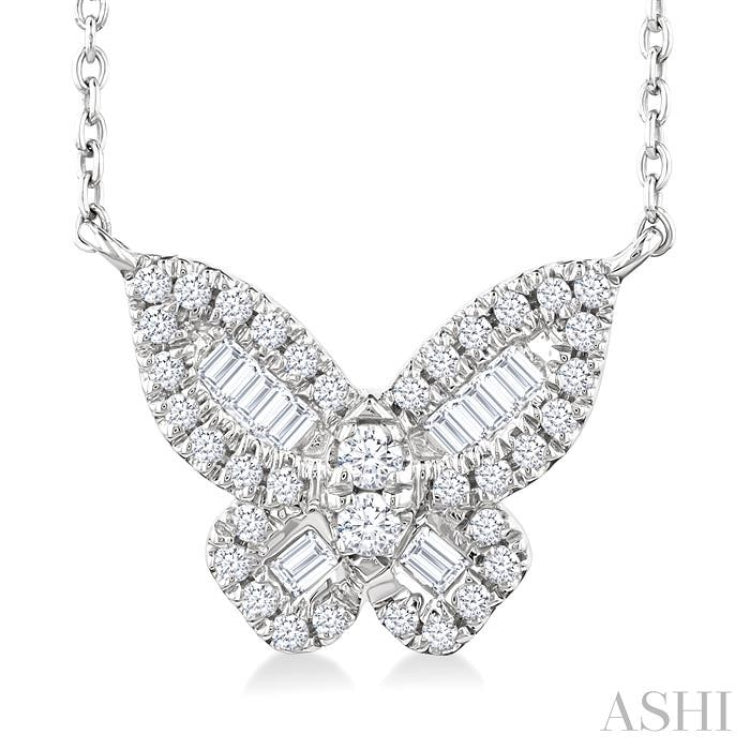 1/3 Ctw Petite Butterfly Baguette and Round Cut Diamond Fashion Pendant With Chain in 10K White Gold