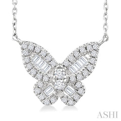 1/3 Ctw Petite Butterfly Baguette and Round Cut Diamond Fashion Pendant With Chain in 10K White Gold