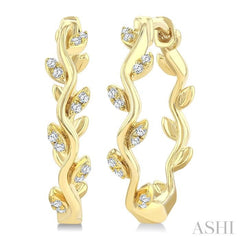 1/10 Ctw Single Cut Diamond Leaf Design Lightweight Hoop Earrings in 10K Yellow Gold