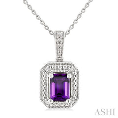 7X5 MM Octagon Shape Amethyst and 1/50 Ctw Round Cut Diamond Semi-precious Pendant With Chain in Sterling Silver