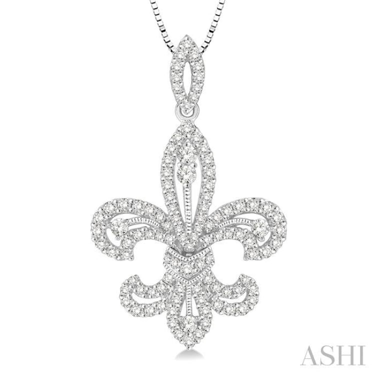 7/8 Ctw Round Cut Diamond Fleur De Lis Diamond Pendant in 14K White Gold with Chain