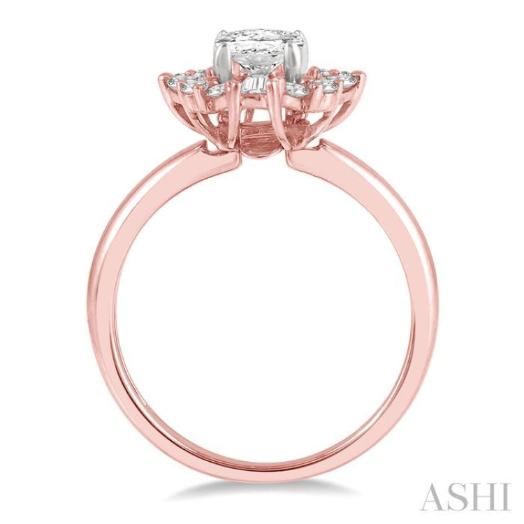 5/8 Ctw Marquise Shape Oval, Baguette and Round Cut Diamond Semi-Mount Engagement Ring in 14K Rose and White Gold