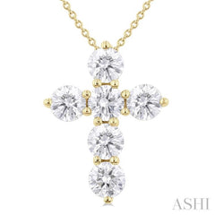 2 Ctw Round Cut Diamond Christian Cross 6-Stone Fashion Pendant With Chain in 14K Yellow Gold
