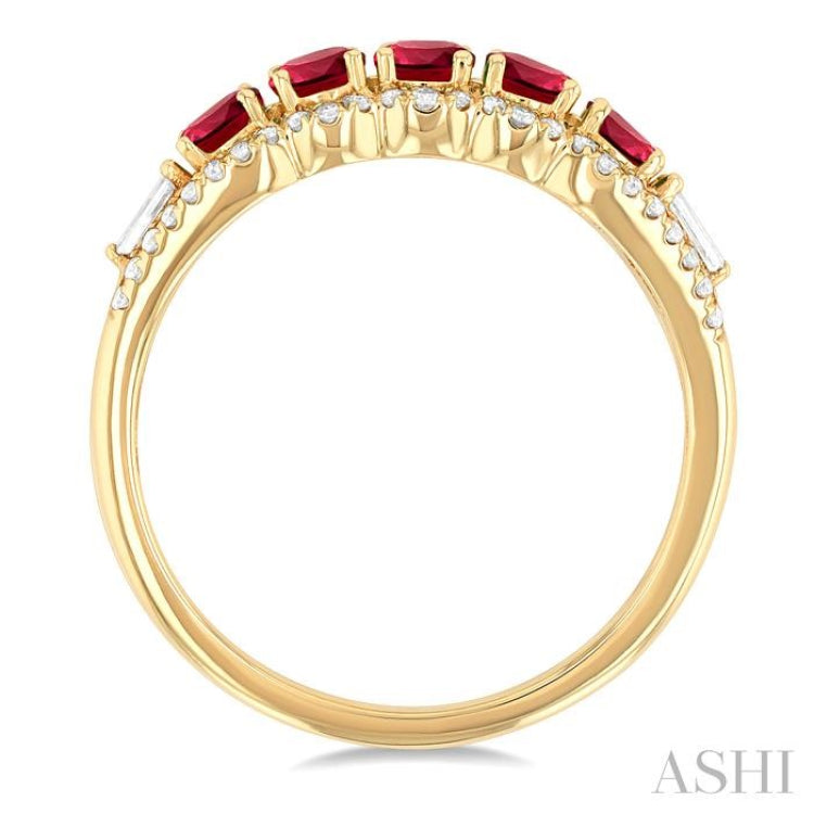 3.1 MM Round Ruby and 1/4 Ctw Baguette and Round Cut Diamond 5-Stone Precious Ring in 14K Yellow Gold