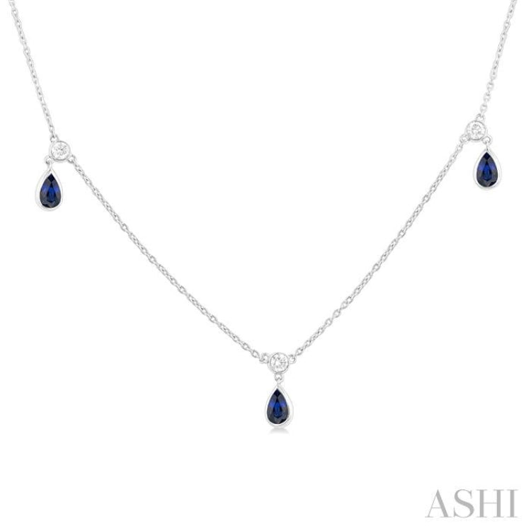 5x3 MM Pear Shape Sapphire and 1/4 Ctw Round Cut Diamonds Precious Station Necklace in 10K White Gold