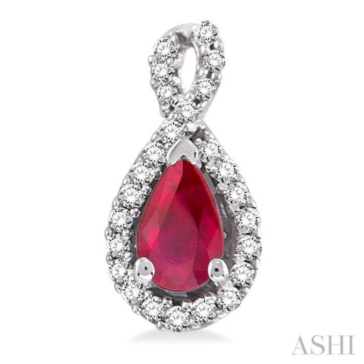 5x3 MM Pear Shape Ruby and 1/6 Ctw Round Cut Diamond Earrings in 14K White Gold
