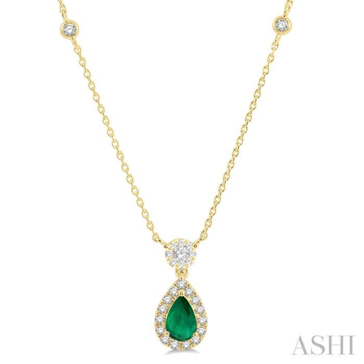 6x4 MM Pear Cut Emerald and 1/3 Ctw Round Cut Diamond Lovebright Precious Necklace in 14K Yellow Gold