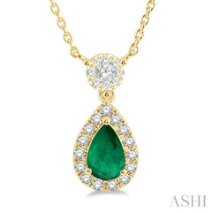 6x4 MM Pear Cut Emerald and 1/3 Ctw Round Cut Diamond Lovebright Precious Necklace in 14K Yellow Gold