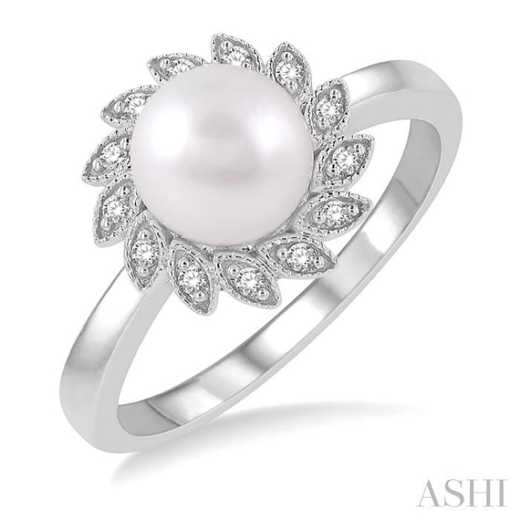 7x7 MM Round Shape Cultured Pearl and 1/10 Ctw Sunflower Round Cut Diamond Ring in 10K White Gold