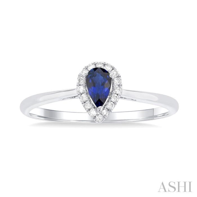 5x3 MM Pear Shape Sapphire and 1/20 Ctw Round Cut Diamond Halo Precious Ring in 10K White Gold