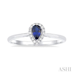5x3 MM Pear Shape Sapphire and 1/20 Ctw Round Cut Diamond Halo Precious Ring in 10K White Gold
