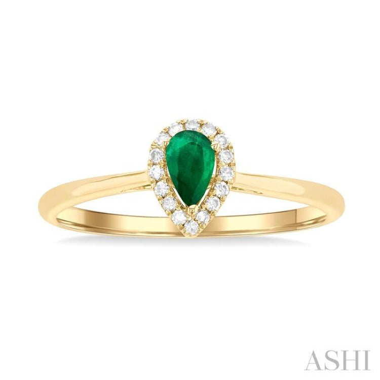 5x3 MM Pear Shape Emerald and 1/20 Ctw Round Cut Diamond Halo Precious Ring in 10K Yellow Gold