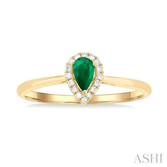5x3 MM Pear Shape Emerald and 1/20 Ctw Round Cut Diamond Halo Precious Ring in 10K Yellow Gold