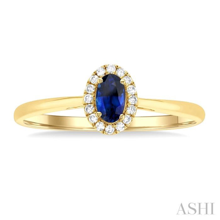 5x3 MM Oval Shape Sapphire and 1/20 Ctw Round Cut Diamond Halo Precious Ring in 10K Yellow Gold