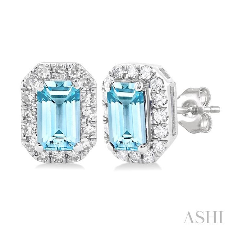 5x3 MM Octagonal Shape Aquamarine and 1/8 Ctw Round Cut Diamond Halo Semi-Precious Stud Earrings in 10K White Gold
