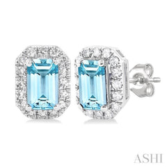 5x3 MM Octagonal Shape Aquamarine and 1/8 Ctw Round Cut Diamond Halo Semi-Precious Stud Earrings in 10K White Gold