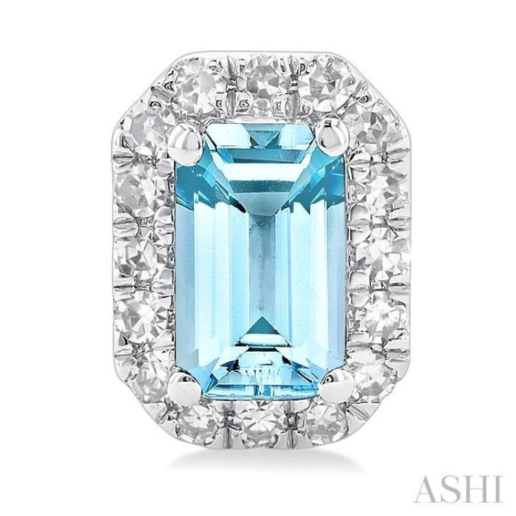 5x3 MM Octagonal Shape Aquamarine and 1/8 Ctw Round Cut Diamond Halo Semi-Precious Stud Earrings in 10K White Gold