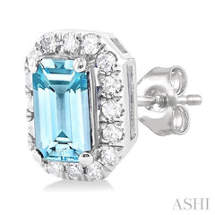 5x3 MM Octagonal Shape Aquamarine and 1/8 Ctw Round Cut Diamond Halo Semi-Precious Stud Earrings in 10K White Gold