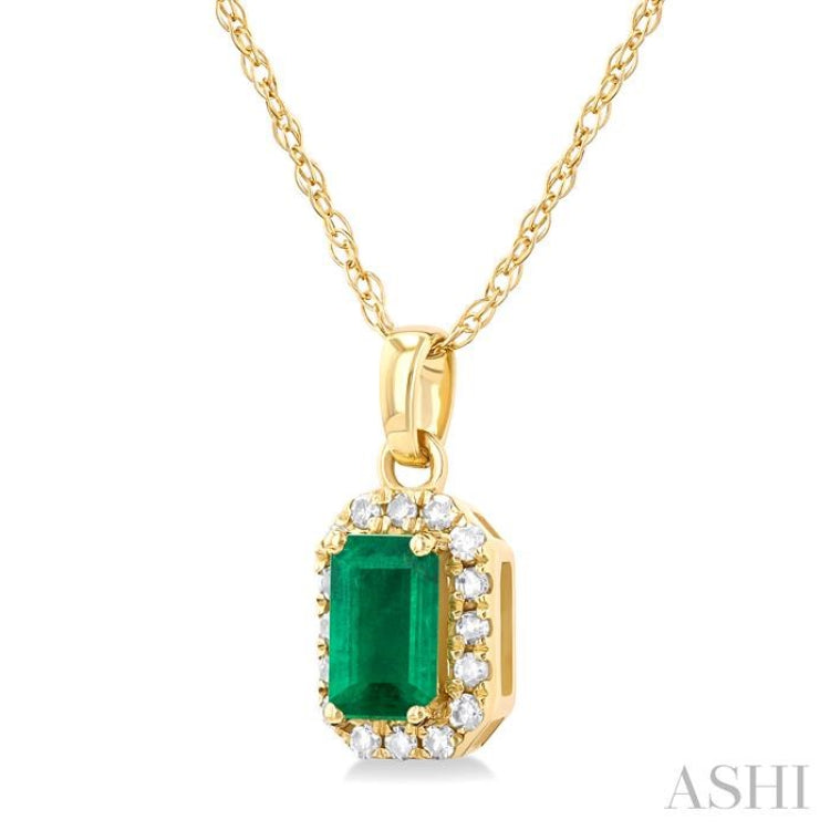 5x3 MM Octagonal Shape Emerald and 1/20 Ctw Round Cut Diamond Halo Precious Pendant with Chain in 10K Yellow Gold