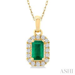 5x3 MM Octagonal Shape Emerald and 1/20 Ctw Round Cut Diamond Halo Precious Pendant with Chain in 10K Yellow Gold