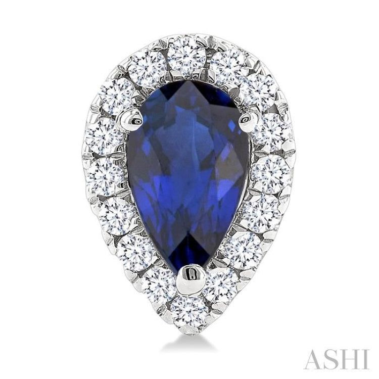 5x3 MM Pear Shape Sapphire and 1/8 Ctw Round Cut Diamond Halo Precious Stud Earrings in 10K White Gold