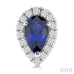 5x3 MM Pear Shape Sapphire and 1/8 Ctw Round Cut Diamond Halo Precious Stud Earrings in 10K White Gold
