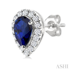 5x3 MM Pear Shape Sapphire and 1/8 Ctw Round Cut Diamond Halo Precious Stud Earrings in 10K White Gold