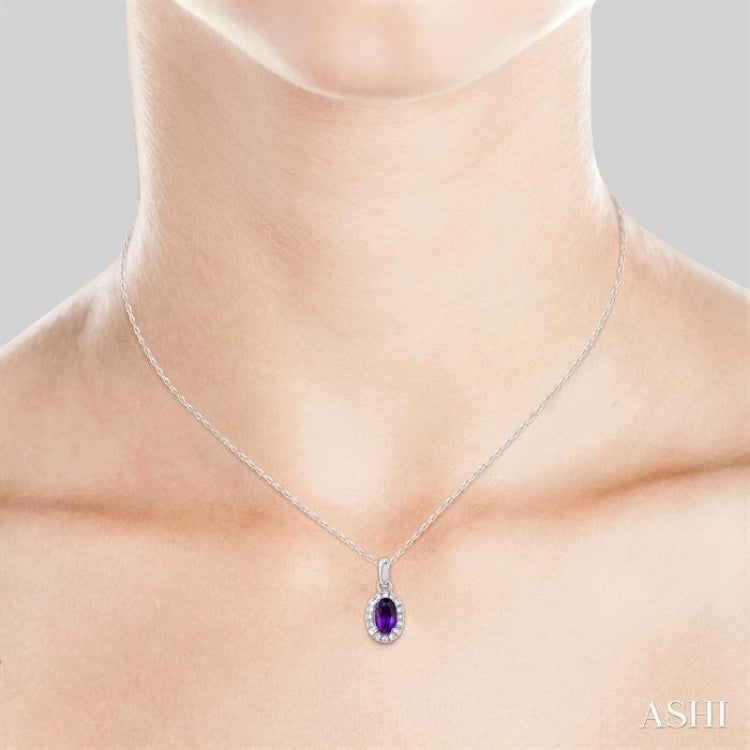 5x3 MM Oval Shape Amethyst and 1/20 Ctw Single Cut Diamond Halo Semi-Precious Pendant with Chain in 10K White Gold