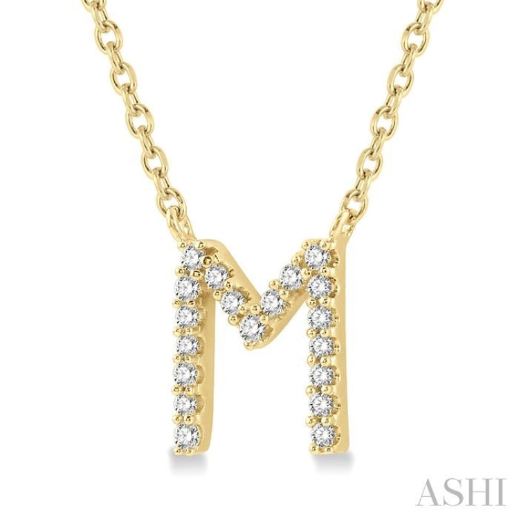 1/20 Ctw Initial 'M' Round Cut Diamond Pendant With Chain in 10K Yellow Gold