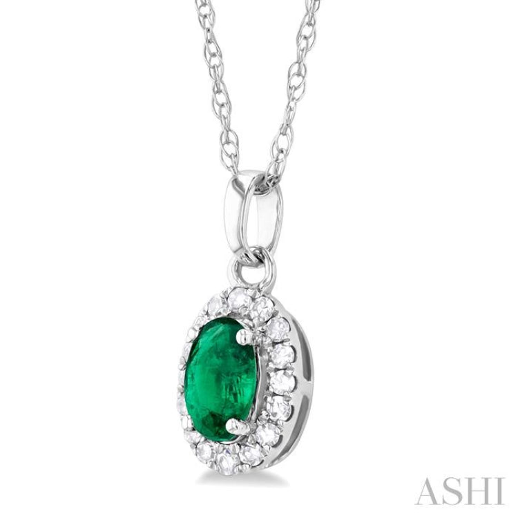 5x3 MM Oval Shape Emerald and 1/20 Ctw Round Cut Diamond Halo Precious Pendant with Chain in 10K White Gold