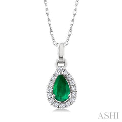 5x3 MM Pear Shape Emerald and 1/20 Ctw Single Cut Diamond Halo Precious Pendant with Chain in 10K White Gold