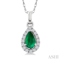 5x3 MM Pear Shape Emerald and 1/20 Ctw Single Cut Diamond Halo Precious Pendant with Chain in 10K White Gold