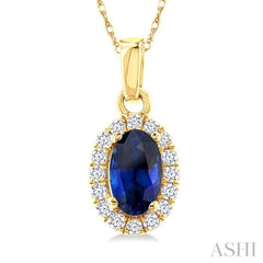 5x3 MM Oval Shape Sapphire and 1/20 Ctw Single Cut Diamond Halo Precious Pendant with Chain in 10K Yellow Gold