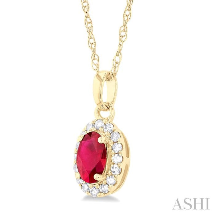 5x3 MM Oval Shape Ruby and 1/20 Ctw Round Cut Diamond Halo Precious Pendant with Chain in 10K Yellow Gold
