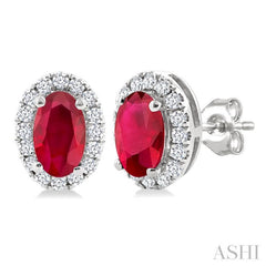 5x3 MM Oval Shape Ruby and 1/8 Ctw Single Cut Diamond Halo Precious Stud Earrings in 10K White Gold