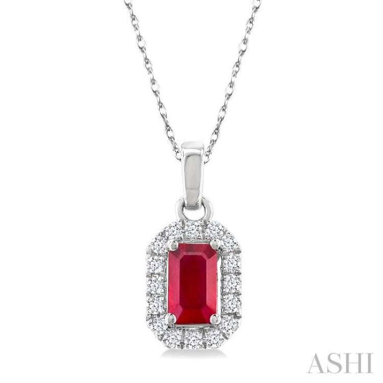 5x3 MM Octagonal Shape Ruby and 1/20 Ctw Single Cut Diamond Halo Precious Pendant with Chain in 10K White Gold