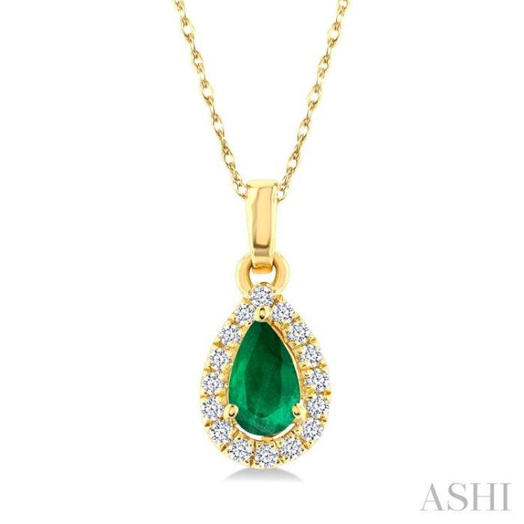 5x3 MM Pear Shape Emerald and 1/20 Ctw Single Cut Diamond Halo Precious Pendant with Chain in 10K Yellow Gold