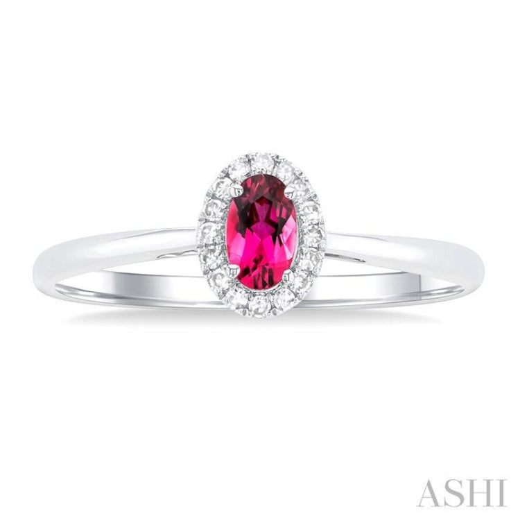 5x3 MM Oval Shape Pink Tourmaline and 1/20 Ctw Round Cut Diamond Halo Semi-Precious Ring in 10K White Gold