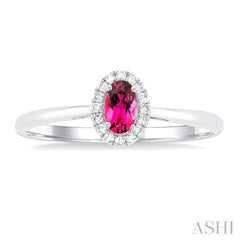 5x3 MM Oval Shape Pink Tourmaline and 1/20 Ctw Round Cut Diamond Halo Semi-Precious Ring in 10K White Gold