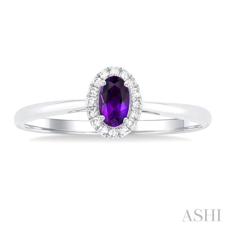5x3 MM Oval Shape Amethyst and 1/20 Ctw Round Cut Diamond Halo Semi-Precious Ring in 14K White Gold
