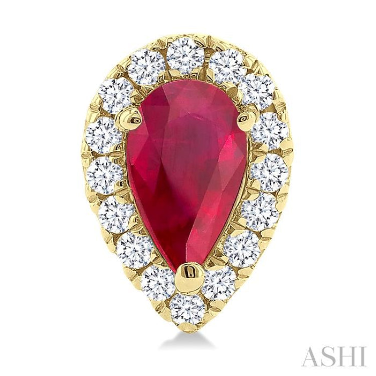 5x3 MM Pear Shape Ruby and 1/8 Ctw Round Cut Diamond Halo Precious Stud Earrings in 10K Yellow Gold