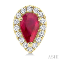 5x3 MM Pear Shape Ruby and 1/8 Ctw Round Cut Diamond Halo Precious Stud Earrings in 10K Yellow Gold