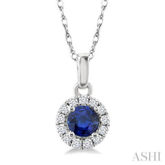 3.25 MM Round Sapphire and 1/20 Ctw Single Cut Diamond Halo Precious Pendant with Chain in 10K White Gold