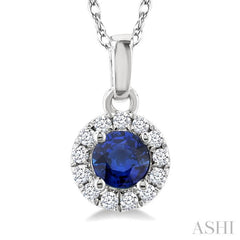 3.25 MM Round Sapphire and 1/20 Ctw Single Cut Diamond Halo Precious Pendant with Chain in 10K White Gold